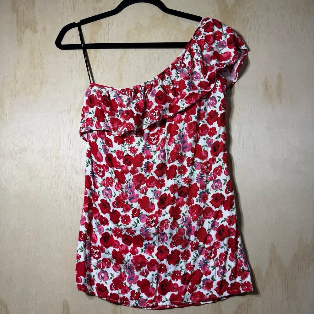 Forever 21 Red Floral One Shoulder Top Side Tie Women’s Small Rayon Medium